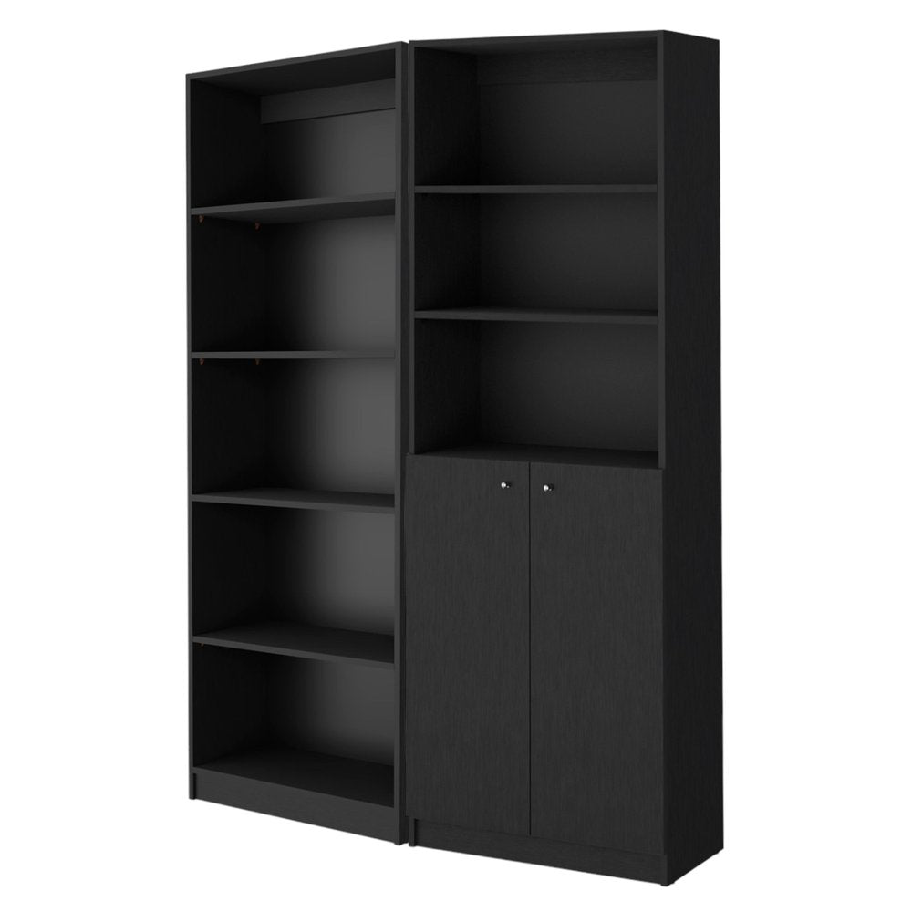 Set of Two 71" Black Five Tier Bookcase With Two Doors on a white background