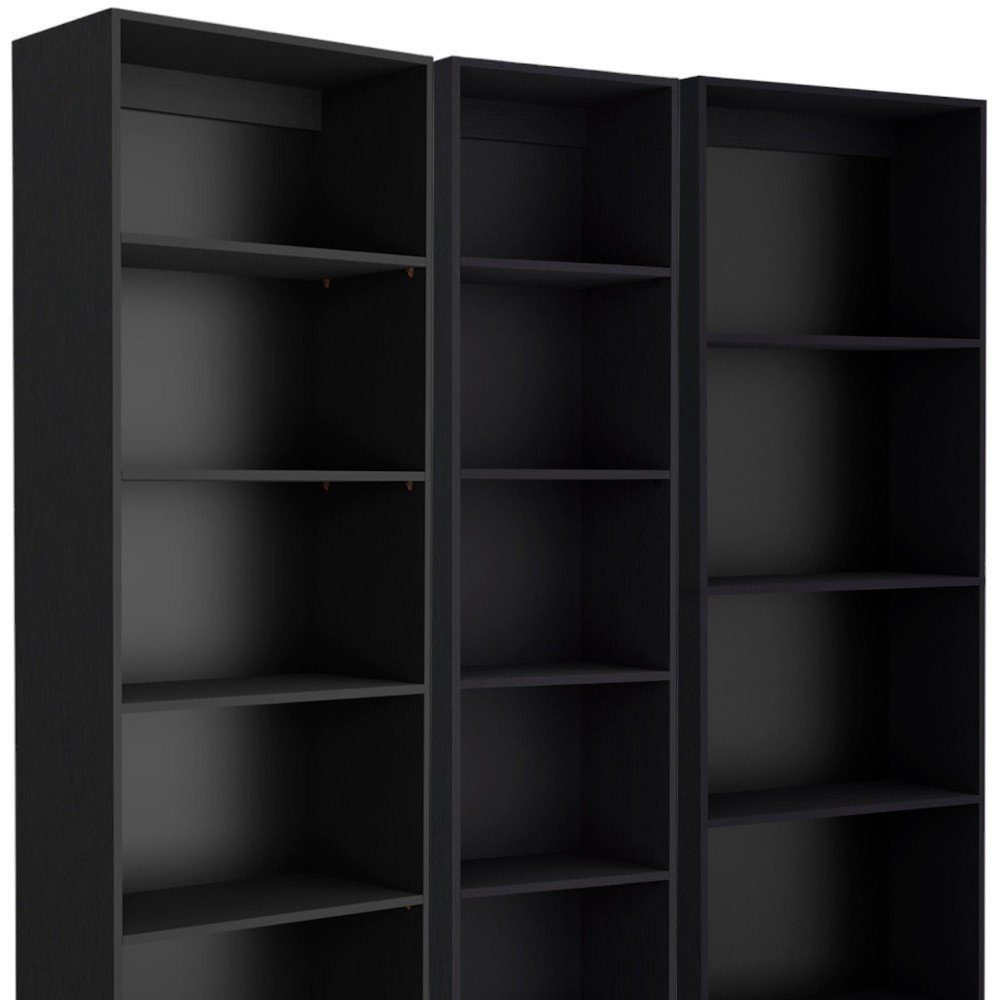 Set of Three Black Five Tier Bookcase close-up detail
