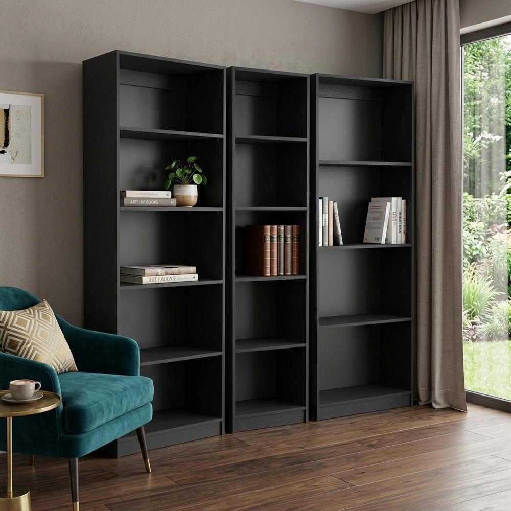 Set of Three Black Five Tier Bookcase in a home interior