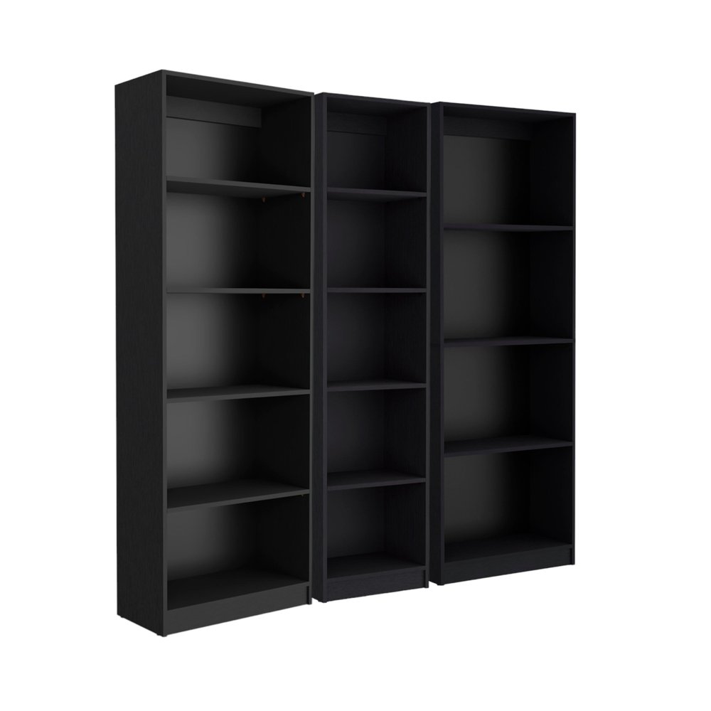 Set of Three Black Five Tier Bookcase on a white background