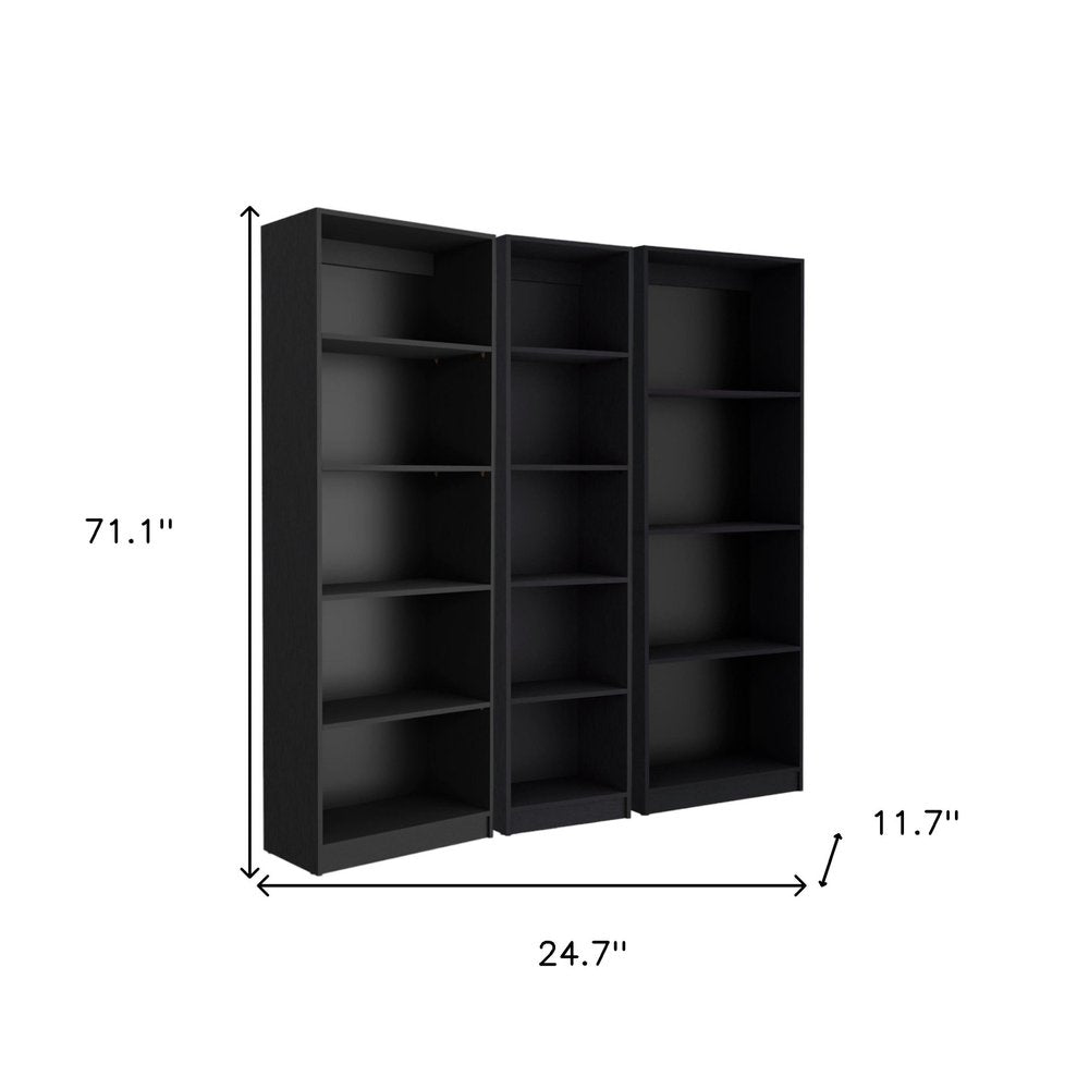 Set of Three Black Five Tier Bookcase on a white background