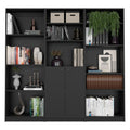 Set of Three Black Wood Five Tier Bookcase with Two Doors on a white background