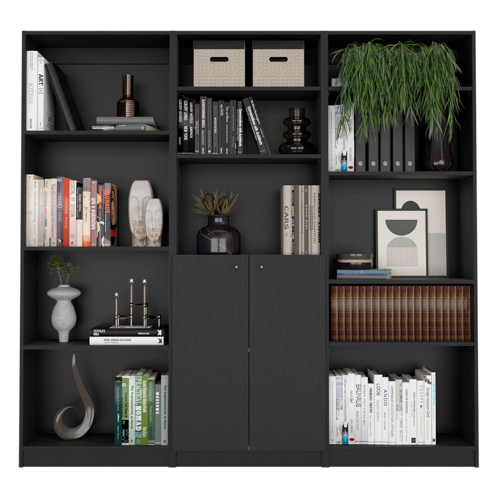 Set of Three Black Wood Five Tier Bookcase with Two Doors on a white background