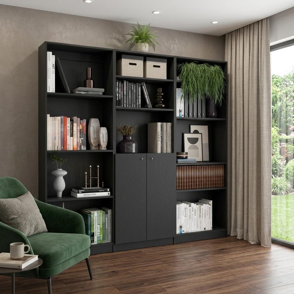 Set of Three Black Wood Five Tier Bookcase with Two Doors in a home interior