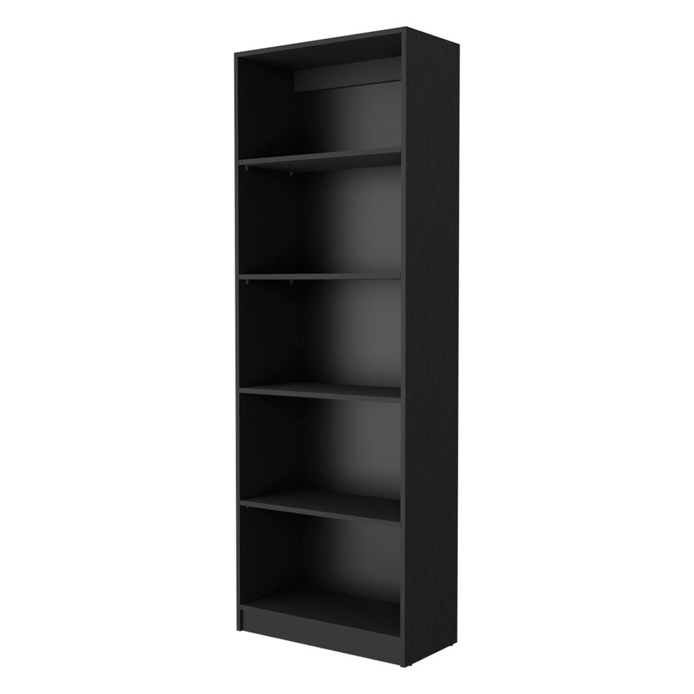 Set of Three Black Wood Five Tier Bookcase with Two Doors on a white background