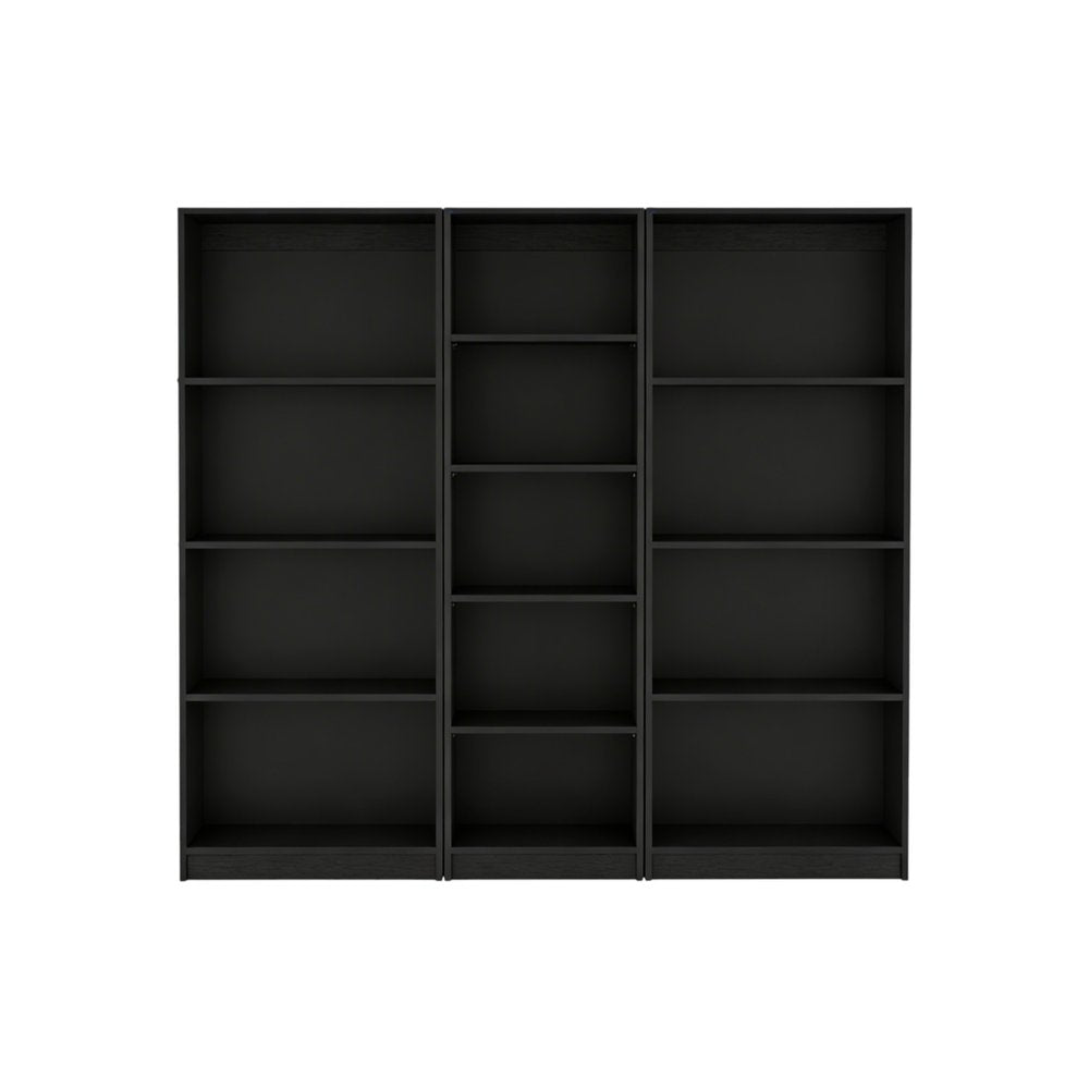 Set of Three Black Wood Five Tier Bookcase on a white background