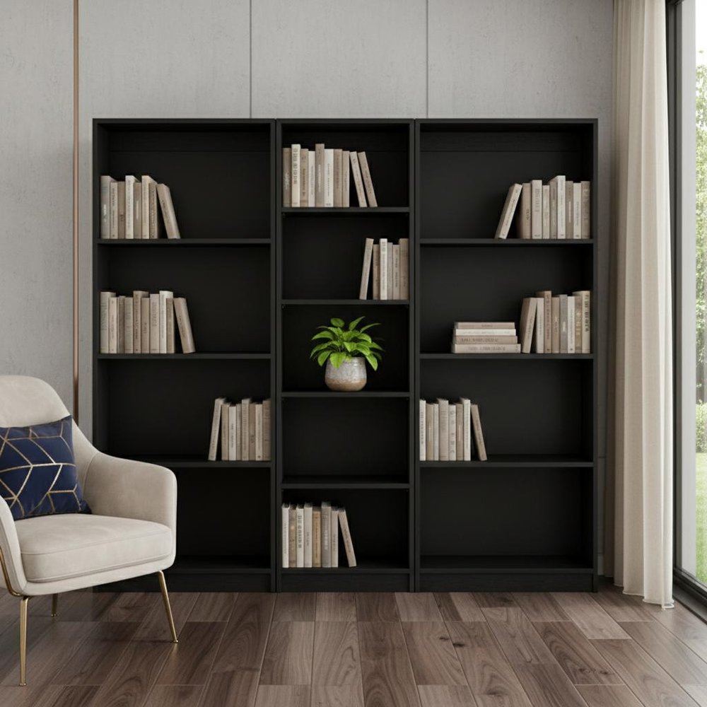Set of Three Black Wood Five Tier Bookcase in a home interior
