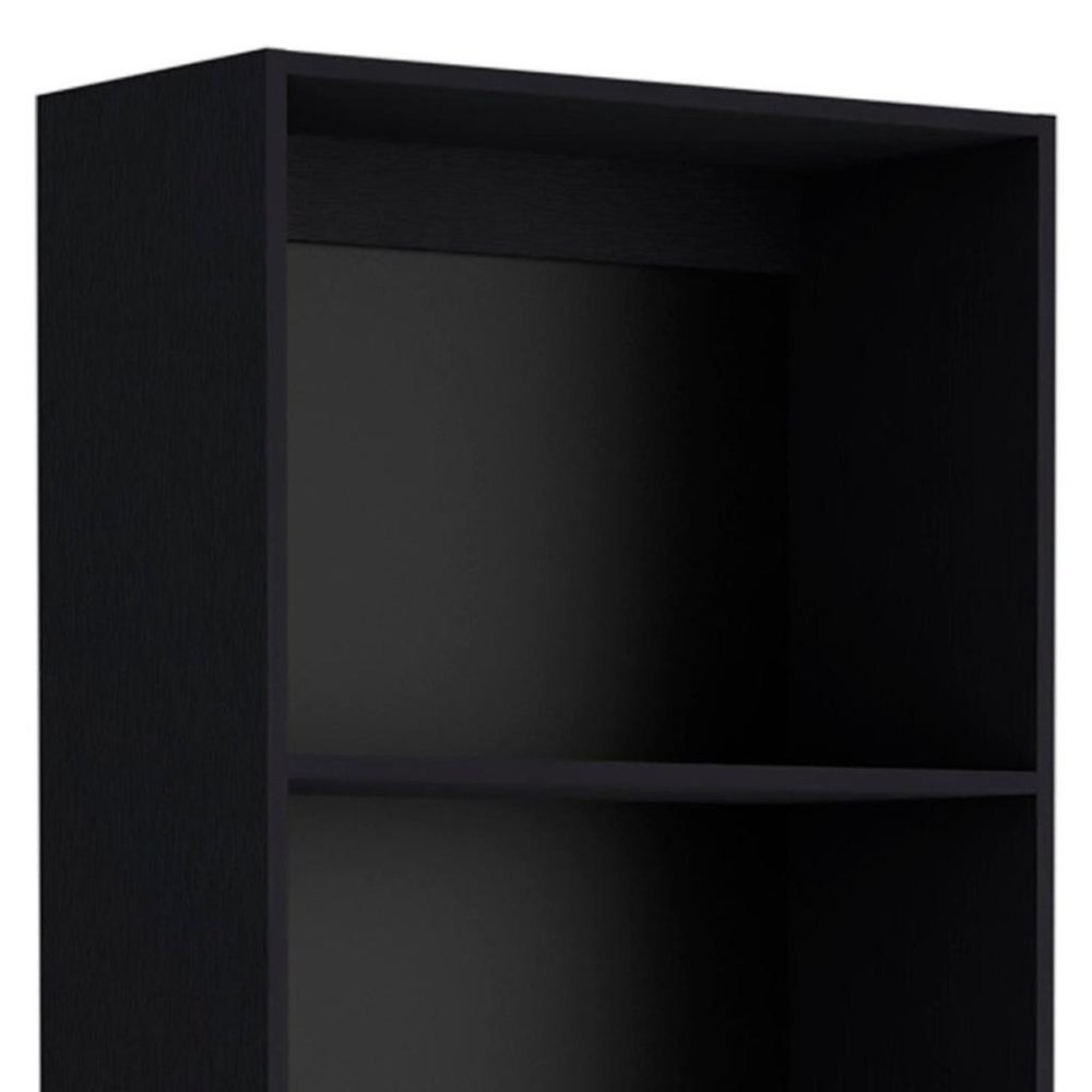 Set of Three Black Wood Five Tier Bookcase close-up detail