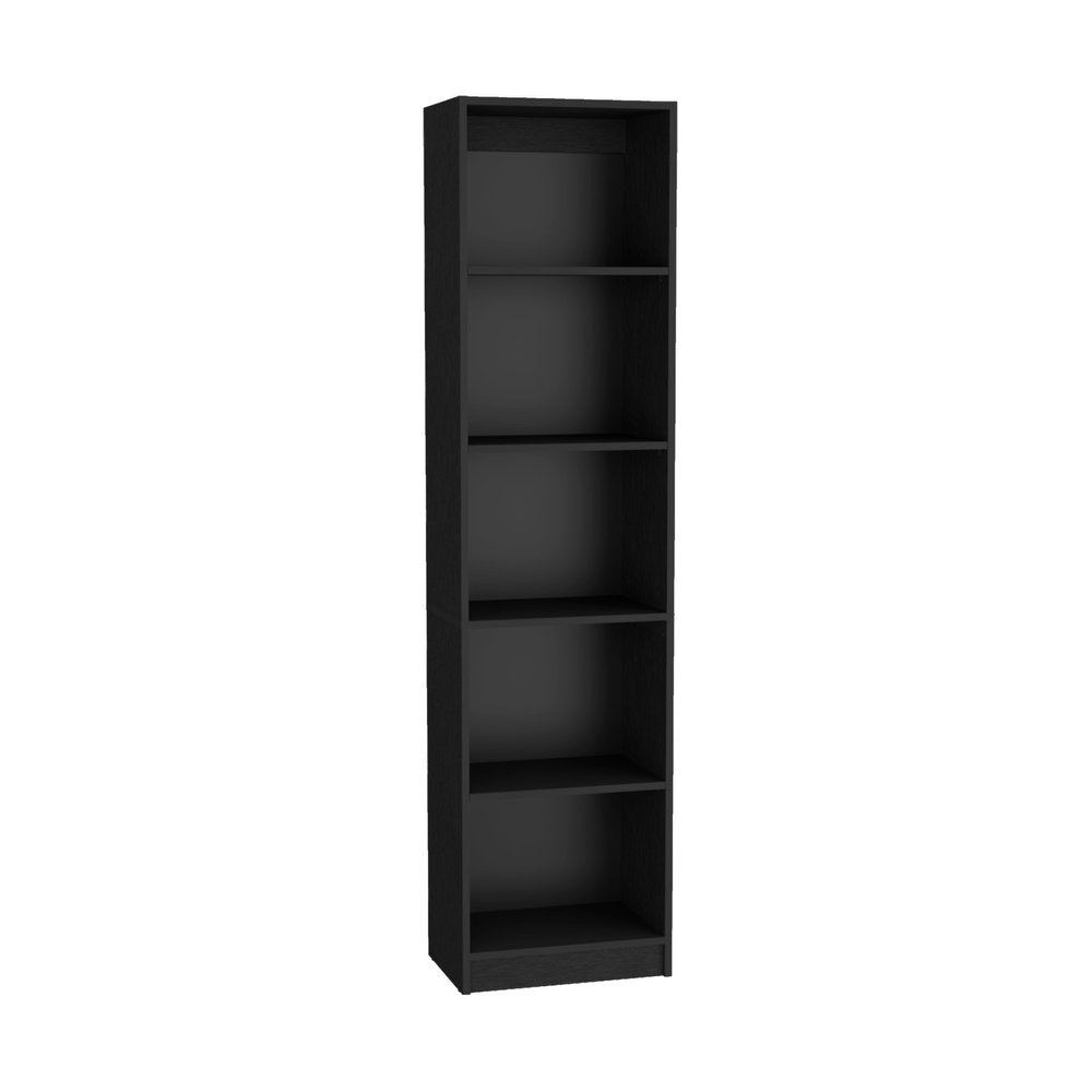 Set of Three Black Wood Five Tier Bookcase on a white background