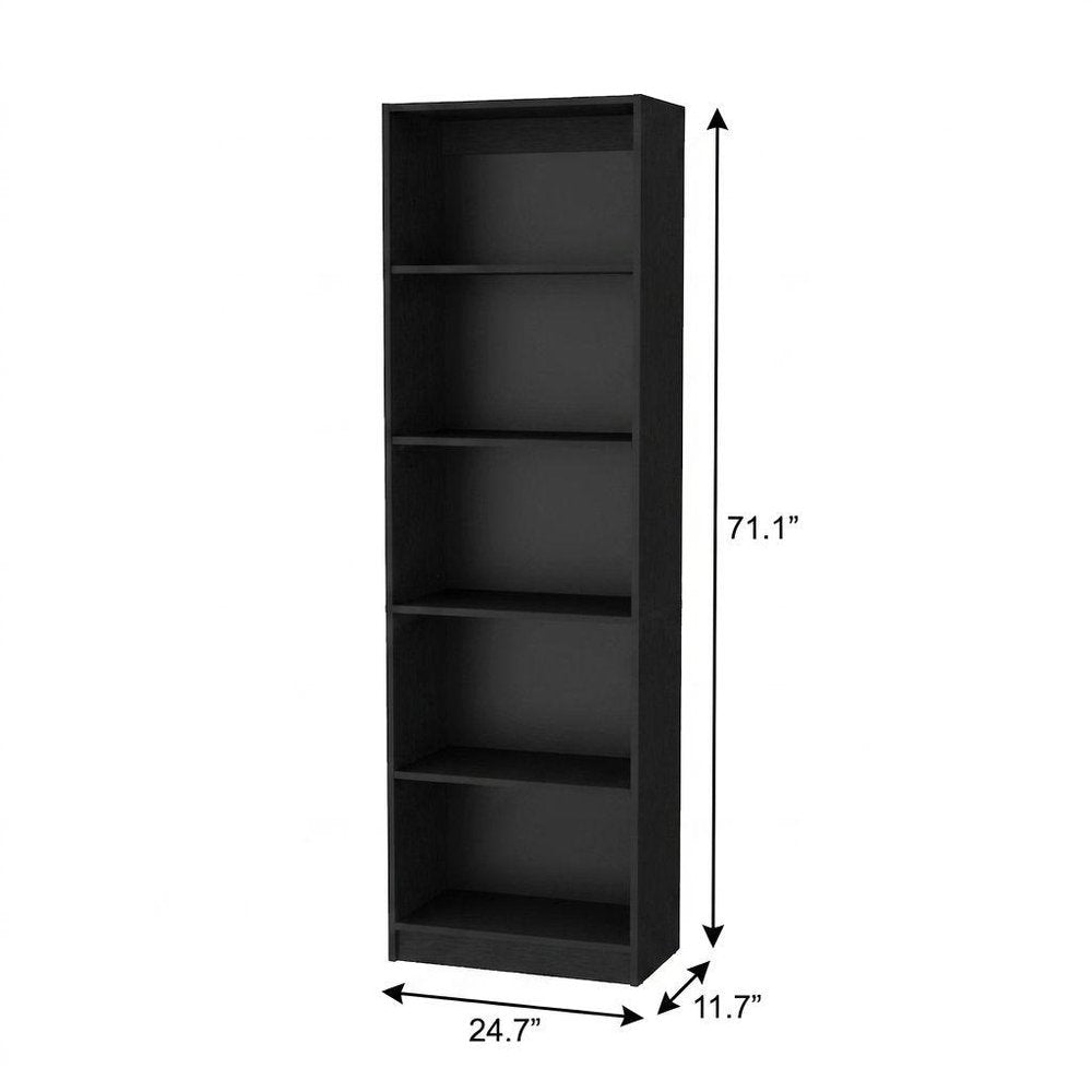 Set of Three Black Wood Five Tier Bookcase on a white background