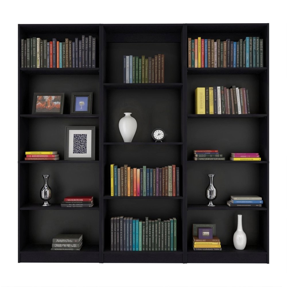 Set of Three Black Wood Four Tier Bookcases on a white background