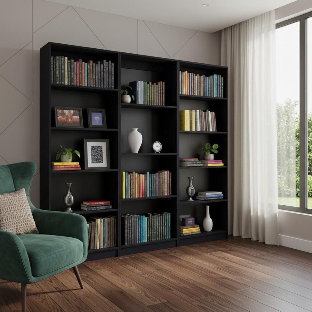Set of Three Black Wood Four Tier Bookcases in a home interior