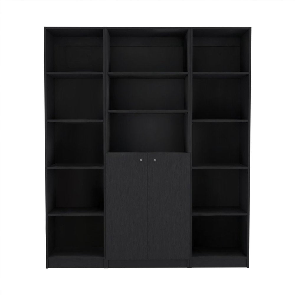 Set of Three Black Five Tier Bookcases with Two Doors on a white background