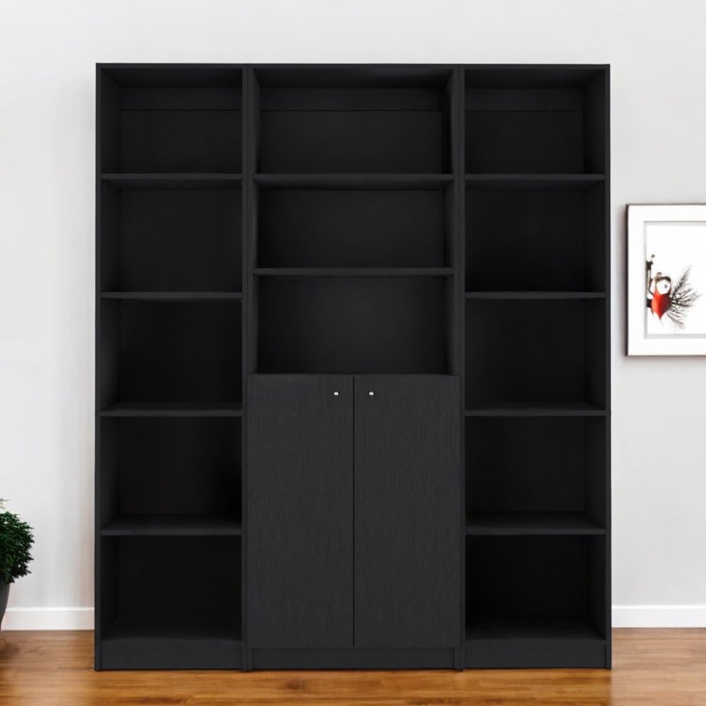 Set of Three Black Five Tier Bookcases with Two Doors close-up detail