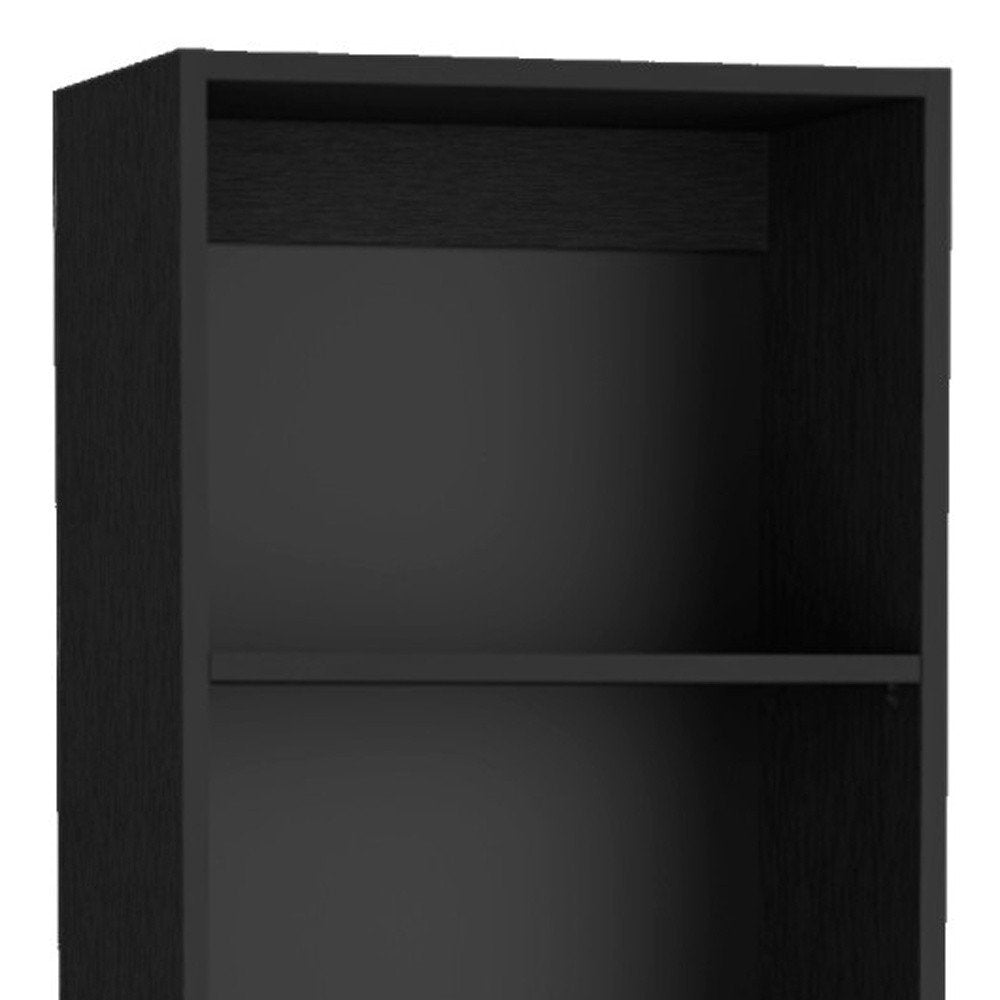 Set of Three Black Five Tier Bookcases with Two Doors on a white background