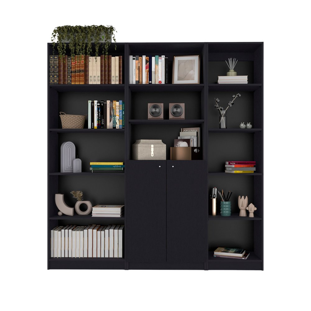 Set of Three Black Five Tier Bookcase with Two Doors on a white background