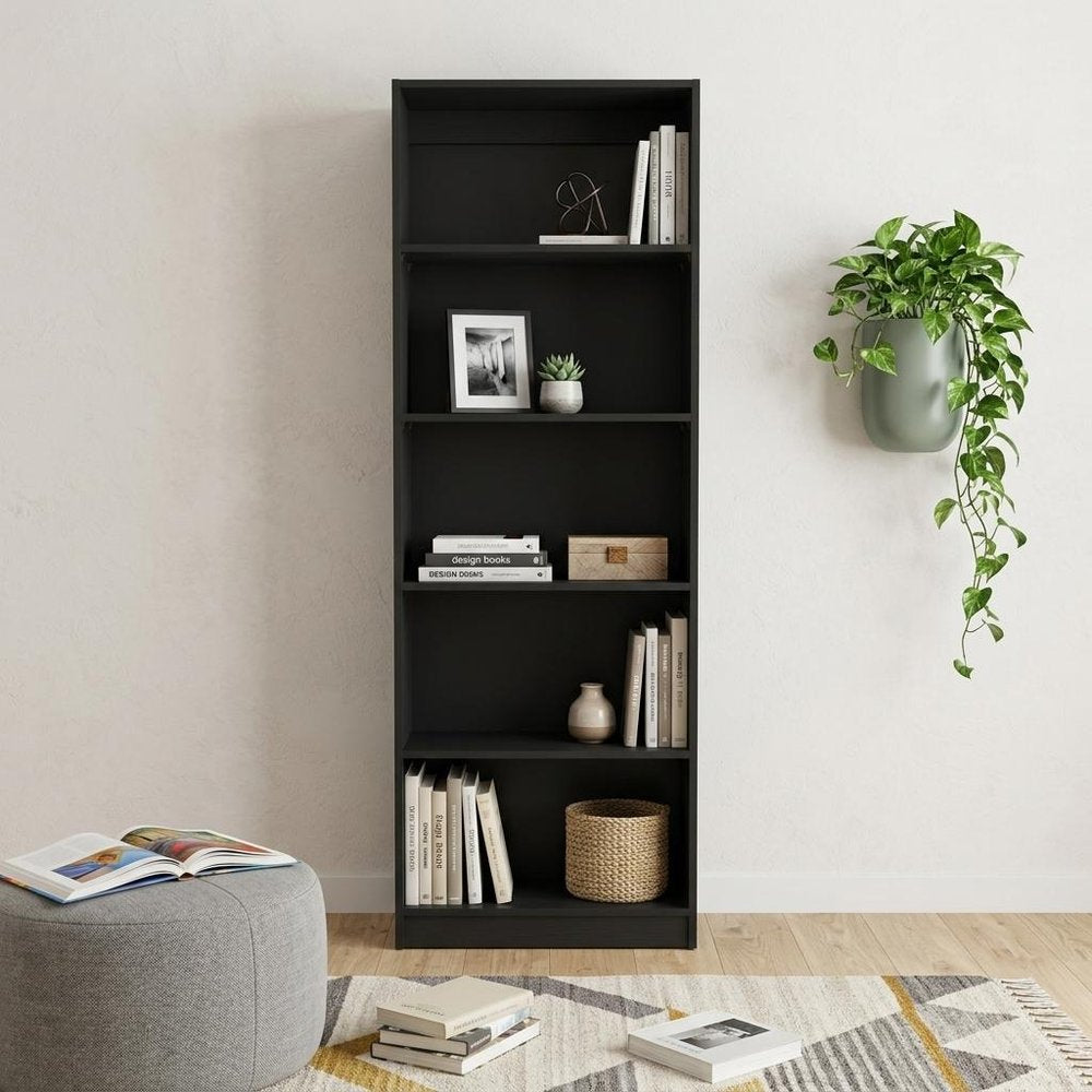 Set of Three Black Five Tier Bookcase with Two Doors in a home interior