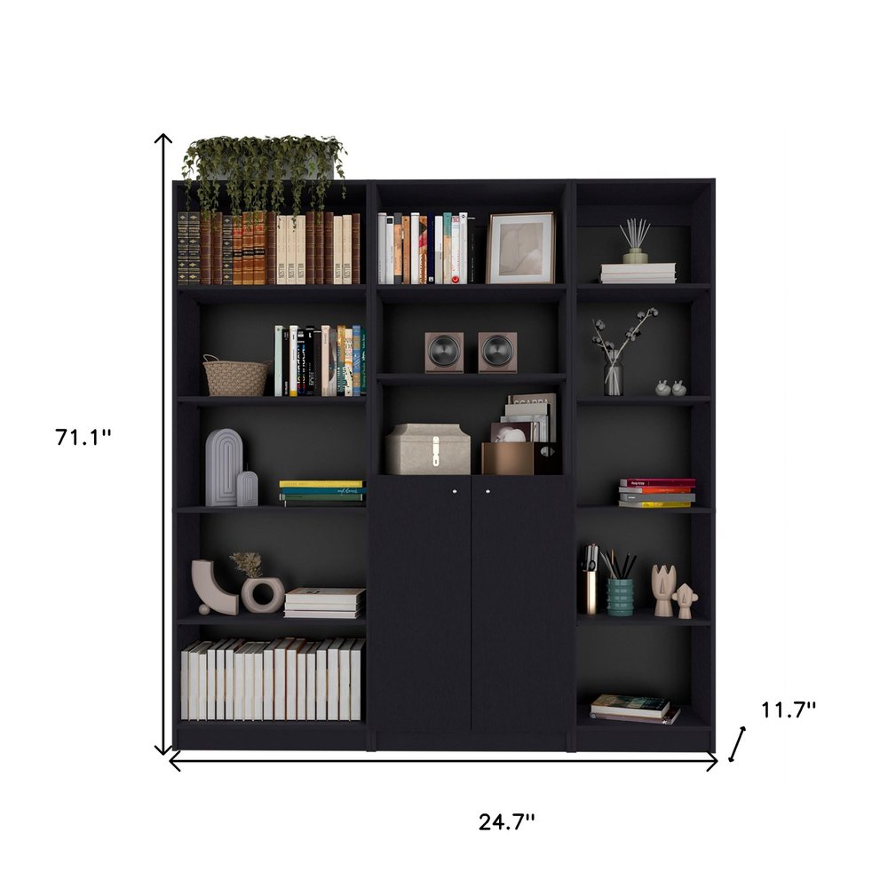 Set of Three Black Five Tier Bookcase with Two Doors on a white background