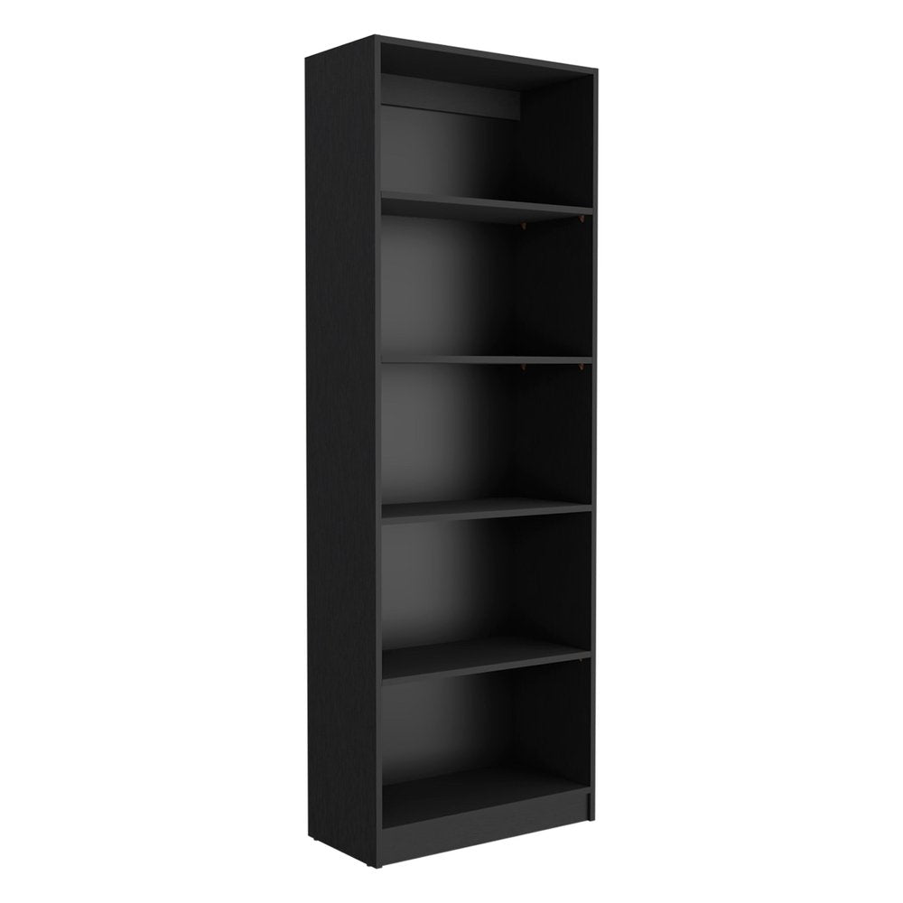 Black five-tier bookcase with open shelves against a white background.