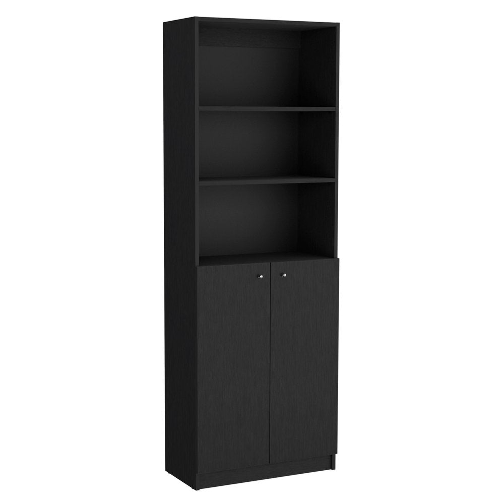 Set of Three Black Five Tier Bookcase with Two Doors