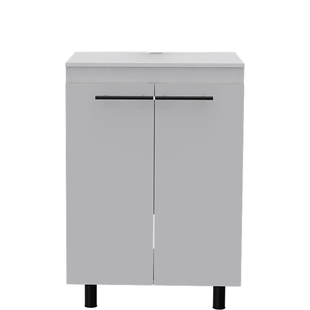 24" White Wood Freestanding Bathroom Vanity With Sink And Medicine Cabinet. Bathroom vanity isolated on a plain white background, finished in white wood.