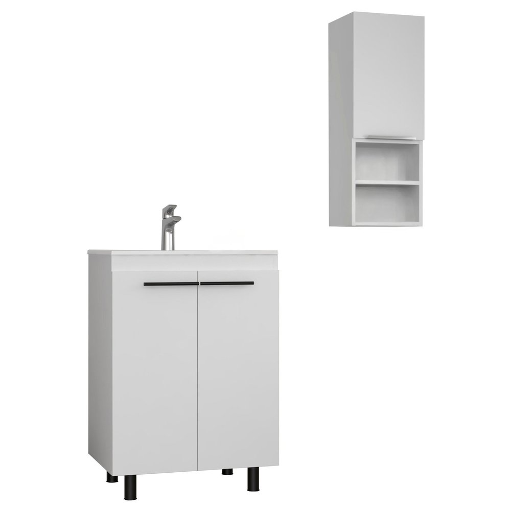 24" White Wood Freestanding Bathroom Vanity With Sink And Medicine Cabinet. Bathroom vanity isolated on a plain white background, showing a white wood surface.