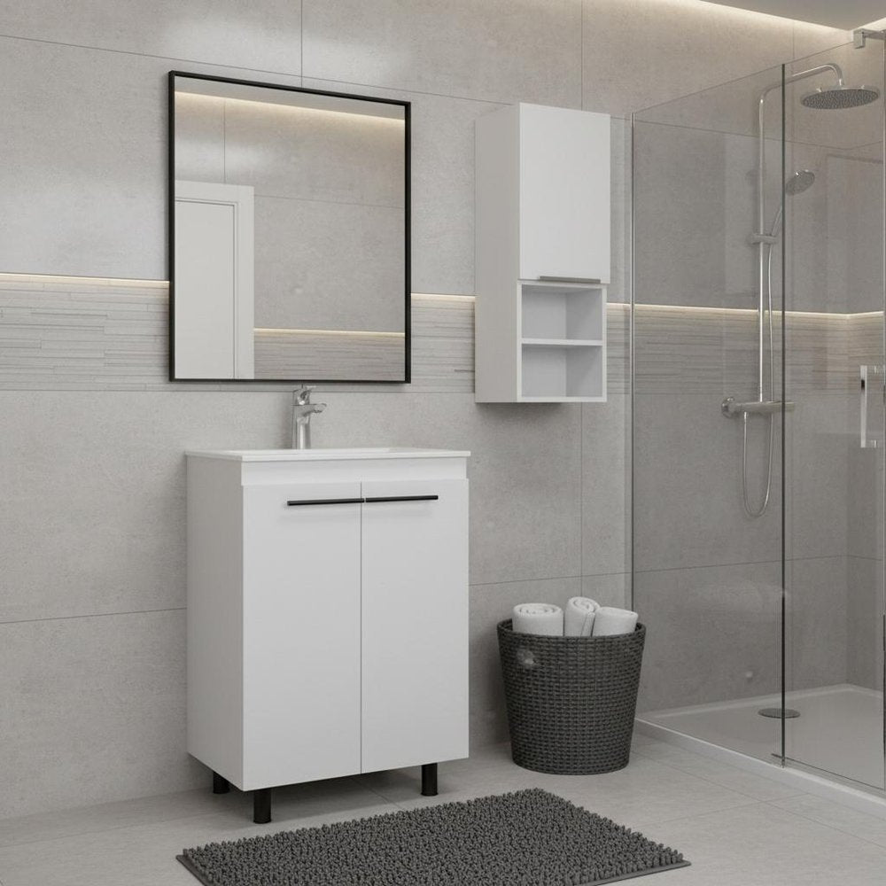 Detail view of 24" White Wood Freestanding Bathroom Vanity With Sink And Medicine Cabinet, filling the frame with the wood texture.