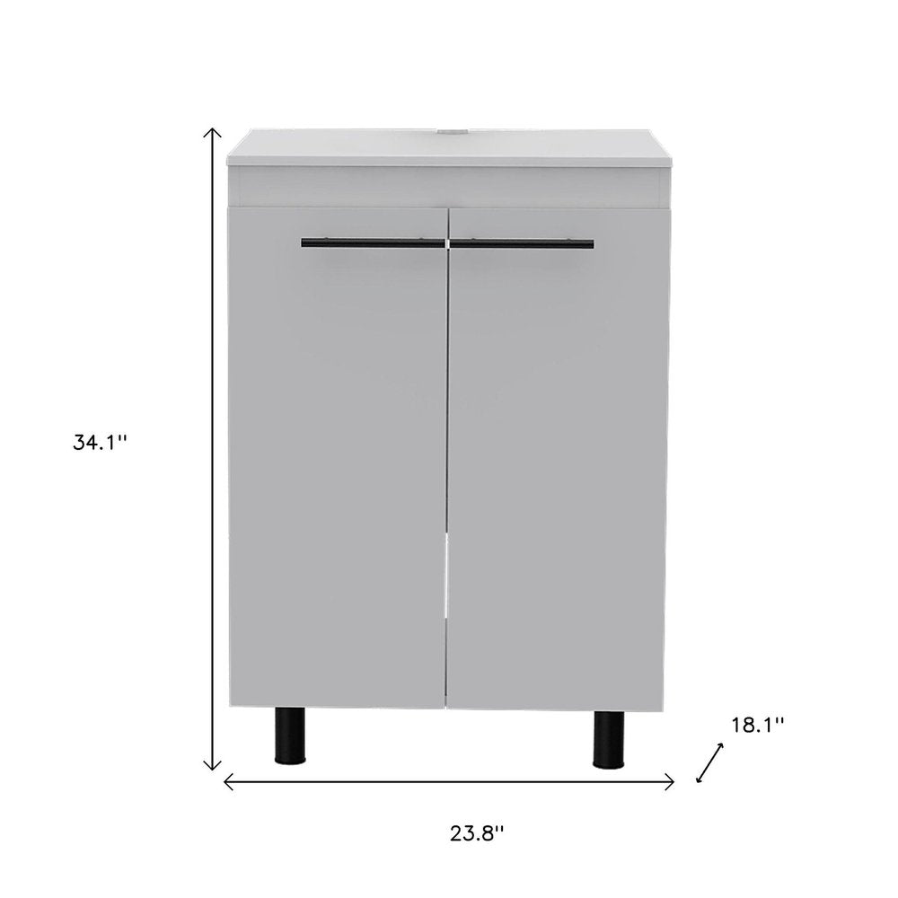 24" White Wood Freestanding Bathroom Vanity With Sink And Medicine Cabinet. Bathroom vanity isolated on a plain white background, in a white wood finish.