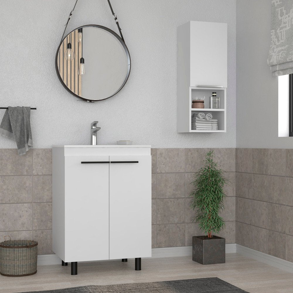 White wood freestanding bathroom vanity with sink and medicine cabinet against a tiled wall.