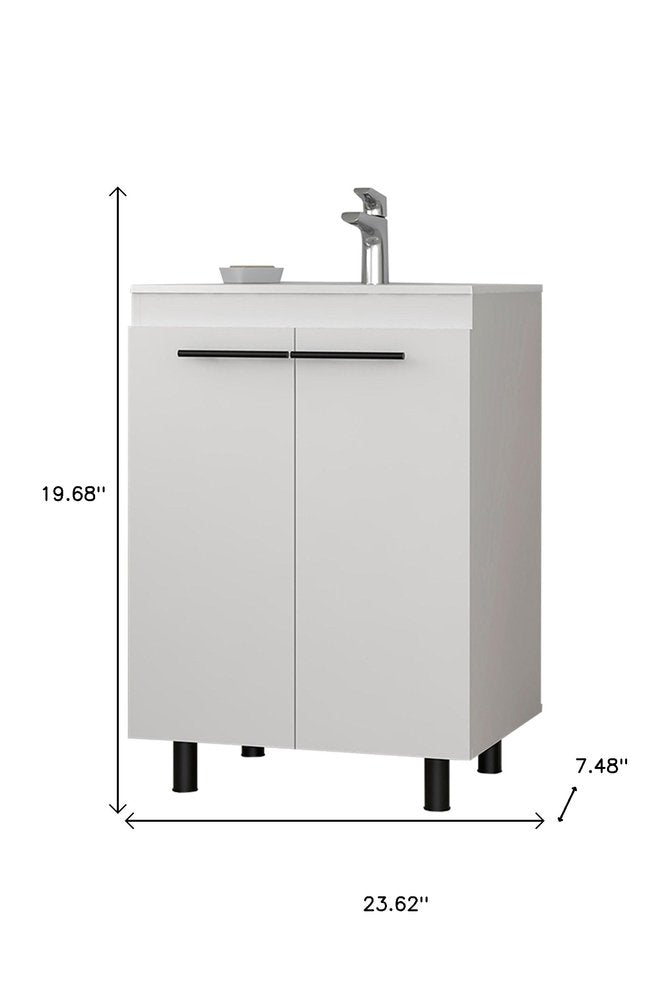 24" White Wood Freestanding Bathroom Vanity With Sink And Medicine Cabinet With Mirror. Bathroom vanity isolated on a plain white background, in a white wood finish.
