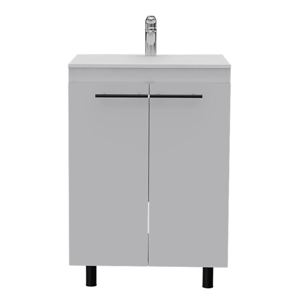 24" White Wood Freestanding Bathroom Vanity With Sink And Medicine Cabinet With Mirror. Bathroom vanity isolated on a plain white background, showing a white wood surface.