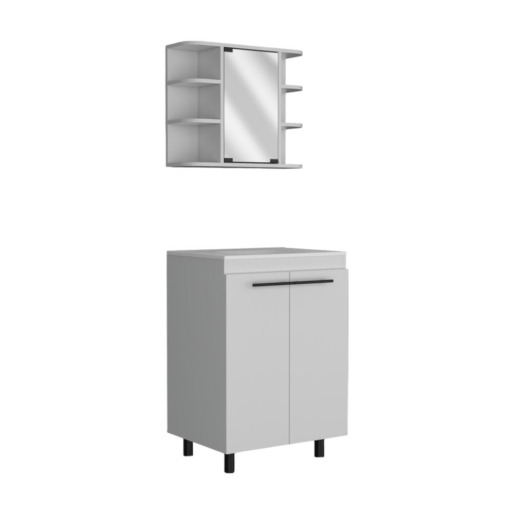24" White Wood Freestanding Bathroom Vanity With Sink And Medicine Cabinet With Mirror. Bathroom vanity isolated on a plain white background, finished in white wood.