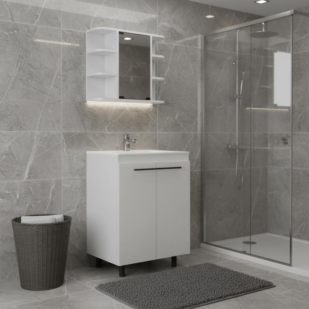 Detail view of 24" White Wood Freestanding Bathroom Vanity With Sink And Medicine Cabinet With Mirror, filling the frame with the wood texture.
