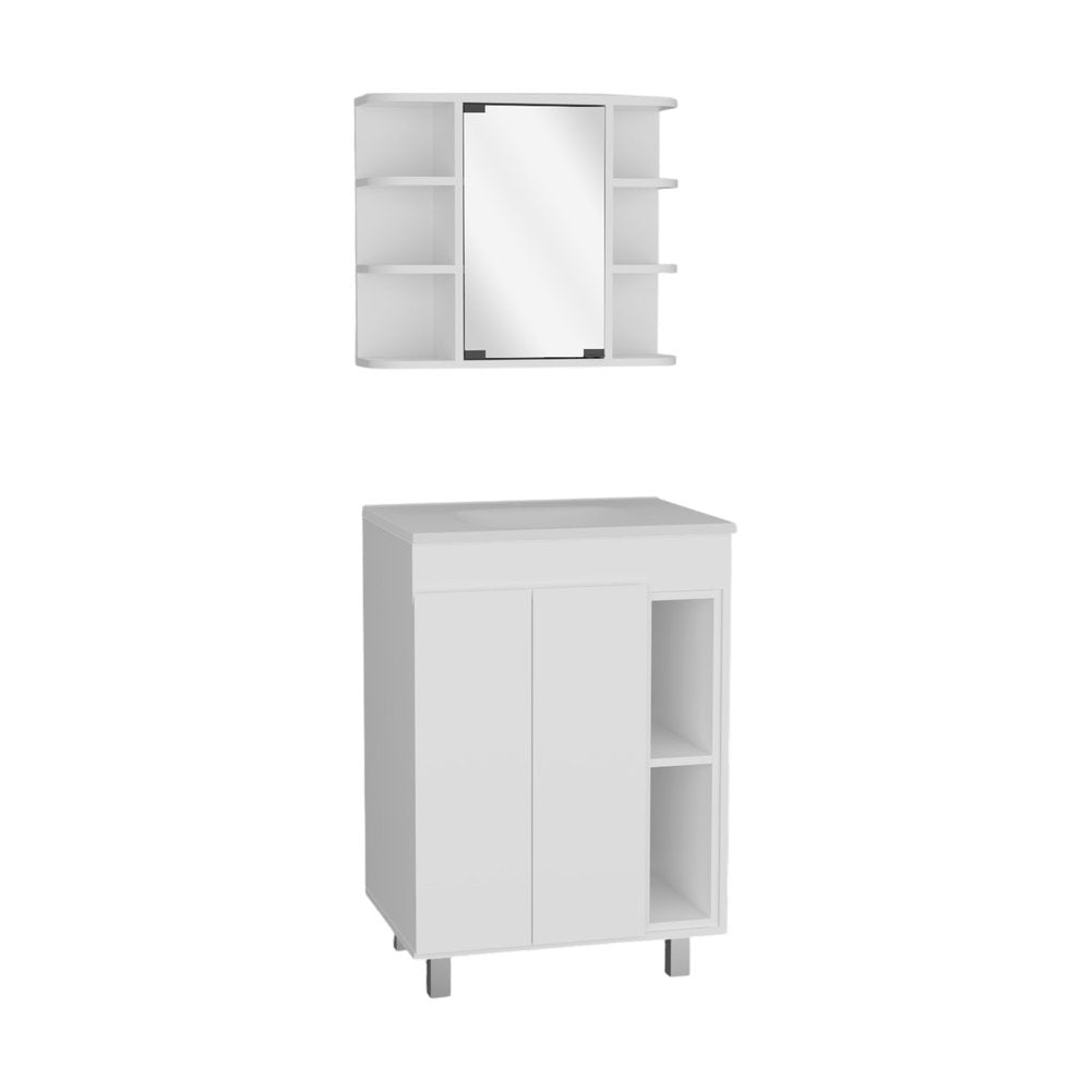 White wood freestanding bathroom vanity with sink and medicine cabinet with mirror on a white background.