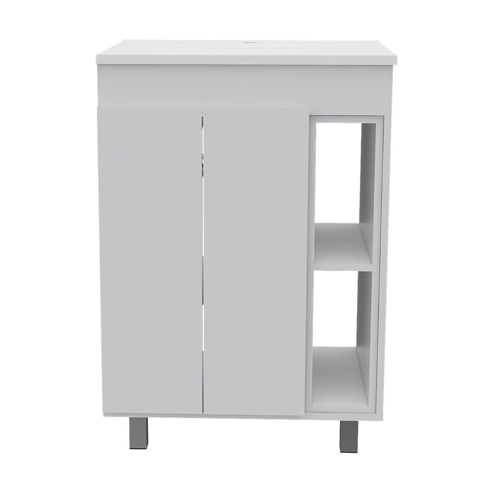 24" White Wood Freestanding Bathroom Vanity With Sink And Medicine Cabinet With Mirror. Bathroom vanity isolated on a plain white background, finished in white wood.