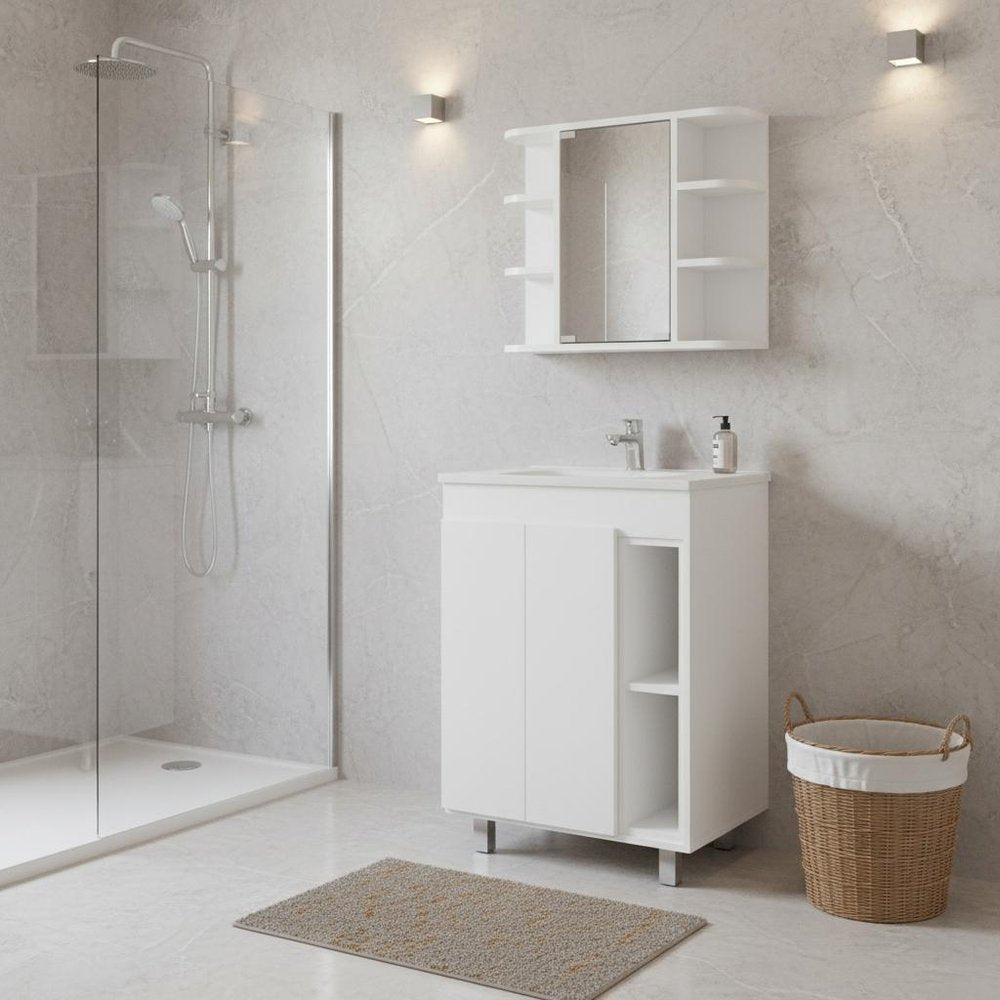 24" White Wood Freestanding Bathroom Vanity With Sink And Medicine Cabinet With Mirror.