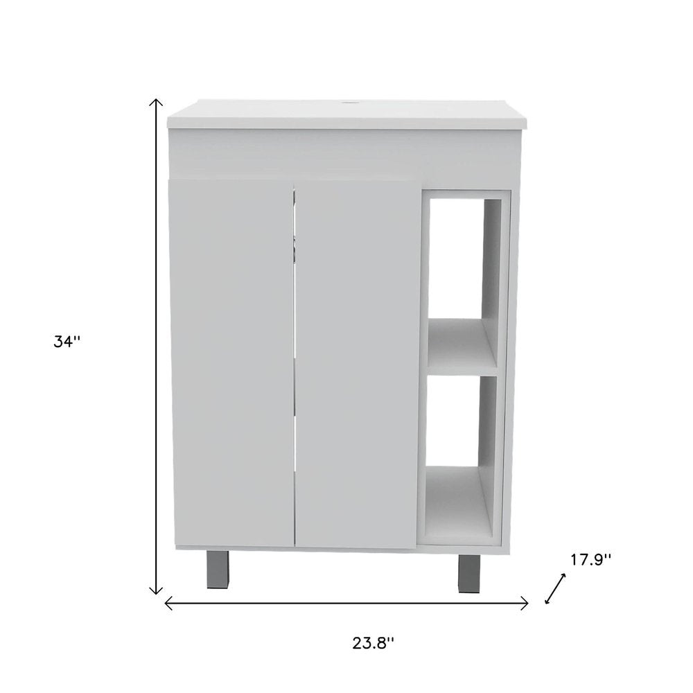 24" White Wood Freestanding Bathroom Vanity With Sink And Medicine Cabinet With Mirror. Bathroom vanity isolated on a plain white background, showing a white wood surface.