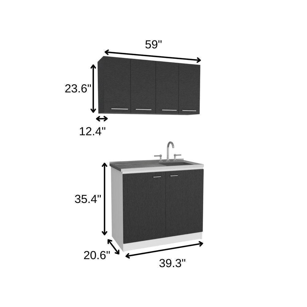 47" Black and White Wall mounted Accent Cabinet With Five Shelves. Kitchen & utility sink isolated on a plain white background, showing its black color.