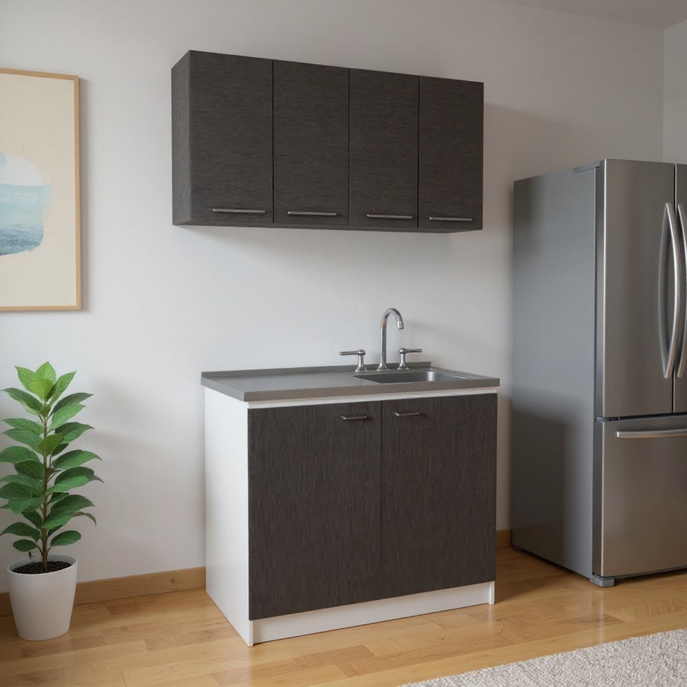 47" Black and White Wall mounted Accent Cabinet With Five Shelves styled in a furnished interior with a gray wall on a wood floor.