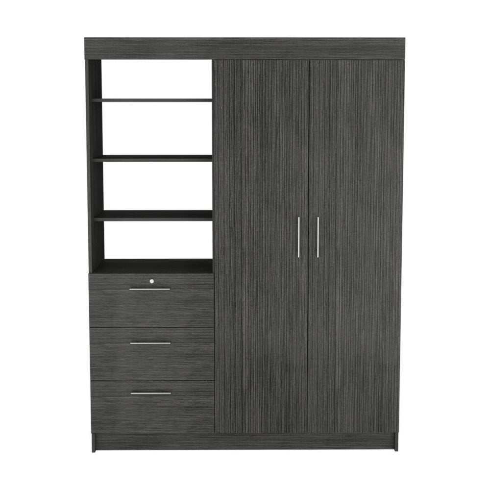 Gray wood dresser with two doors and three drawers, featuring open shelving on the left, against a white background.