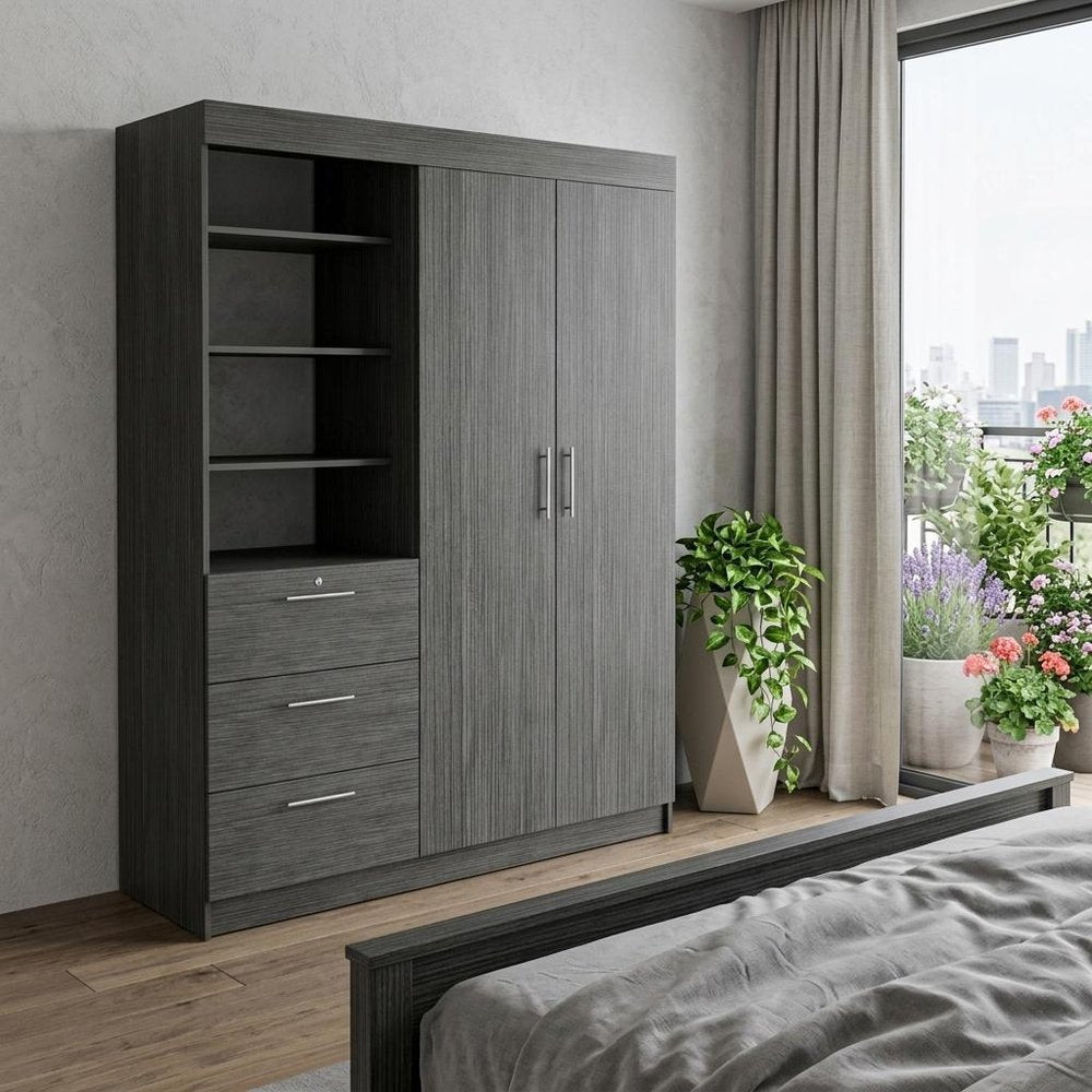 79" Gray Wood Two Door Three Drawer Combo Dresser - with Combination of Two Doors and Three Drawers