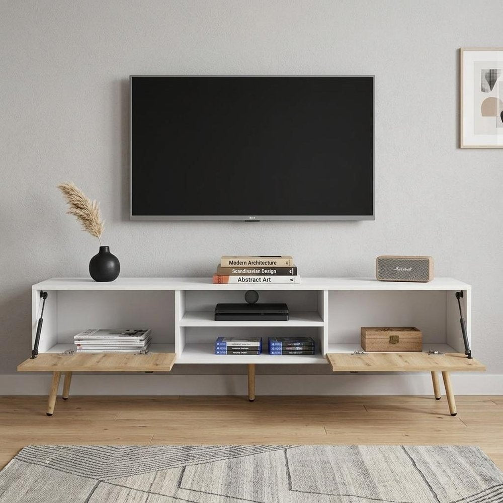 71" White And Beige Enclosed And Open Storage TV Stand on a white background
