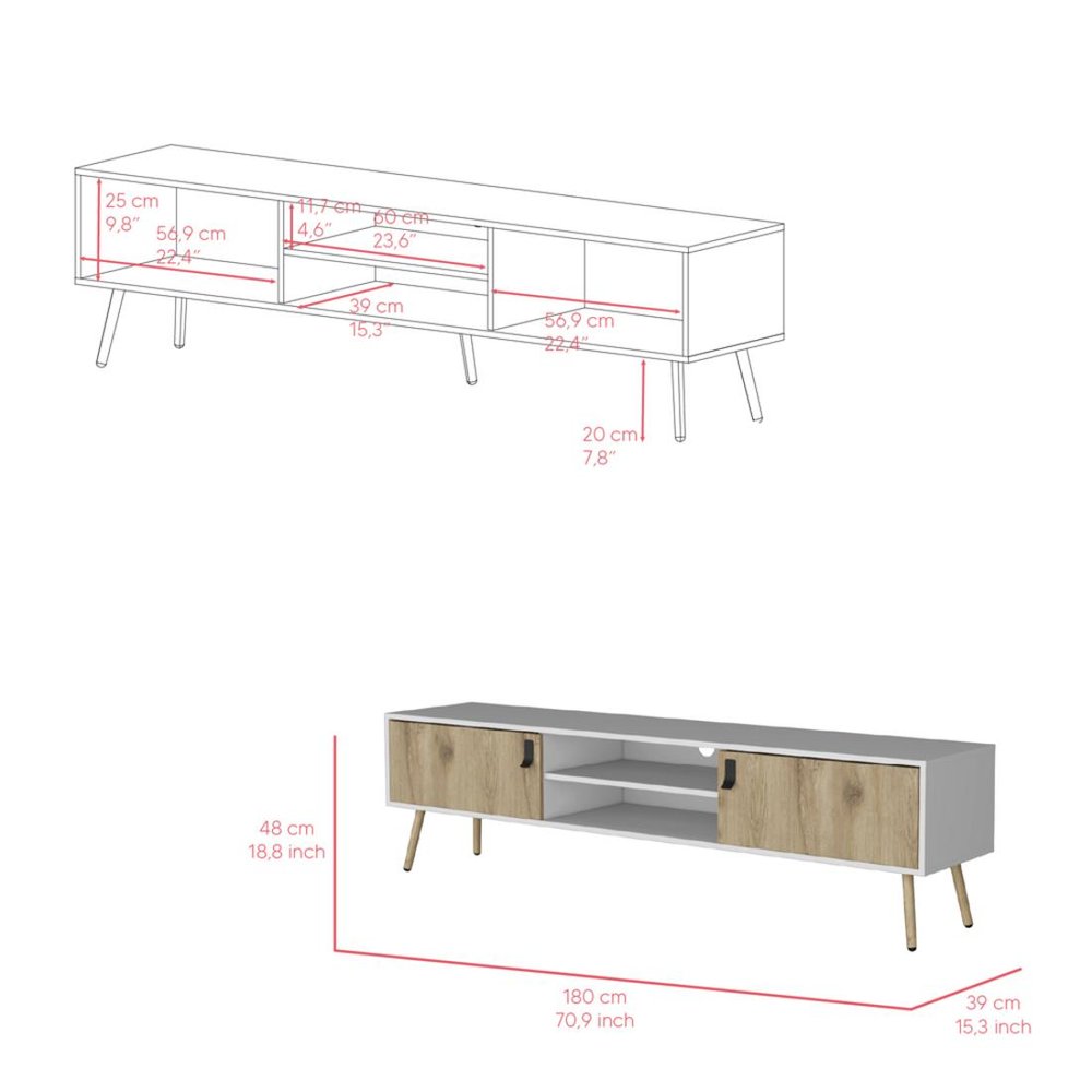 71" White And Beige Enclosed And Open Storage TV Stand on a white background