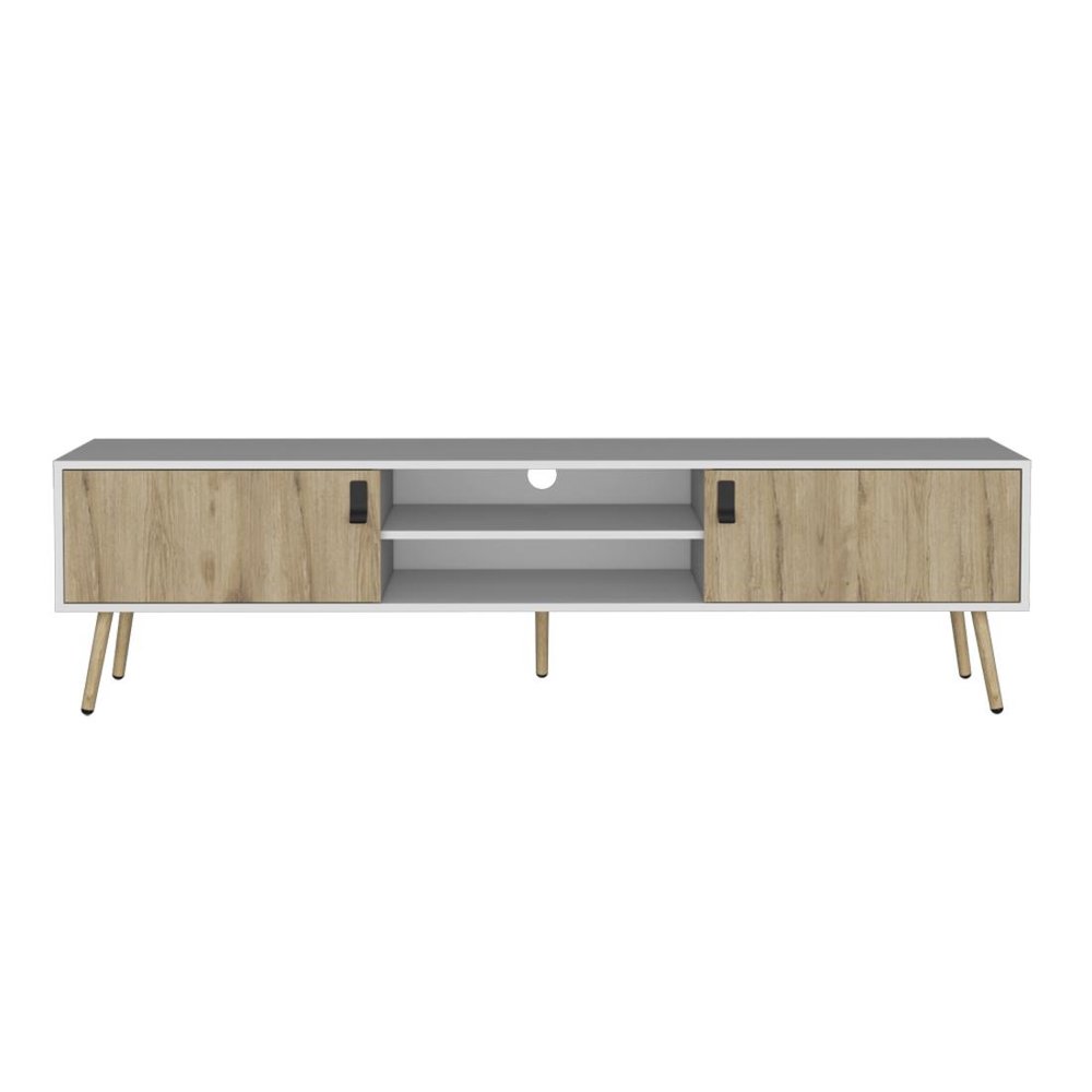 71" White And Beige Enclosed And Open Storage TV Stand on a white background