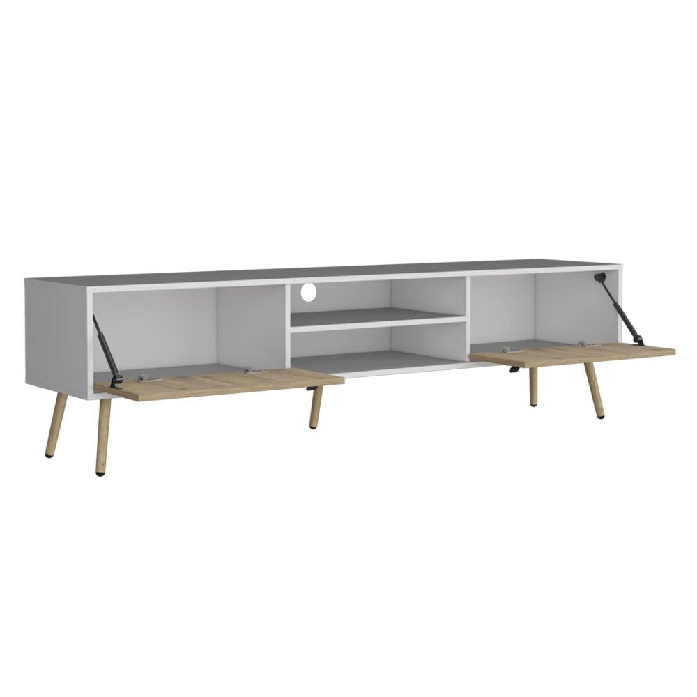 71" White And Beige Enclosed And Open Storage TV Stand on a white background