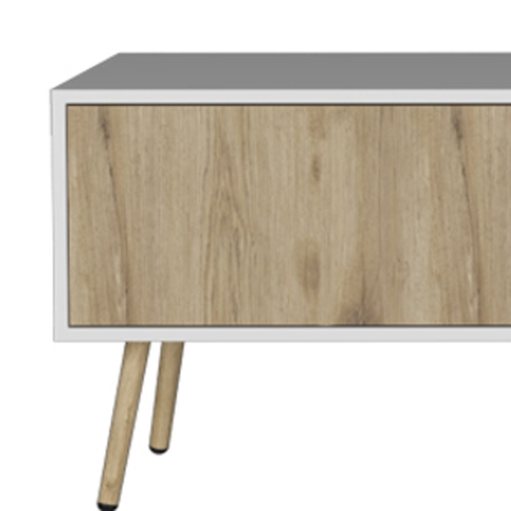 71" White And Beige Enclosed And Open Storage TV Stand on a white background