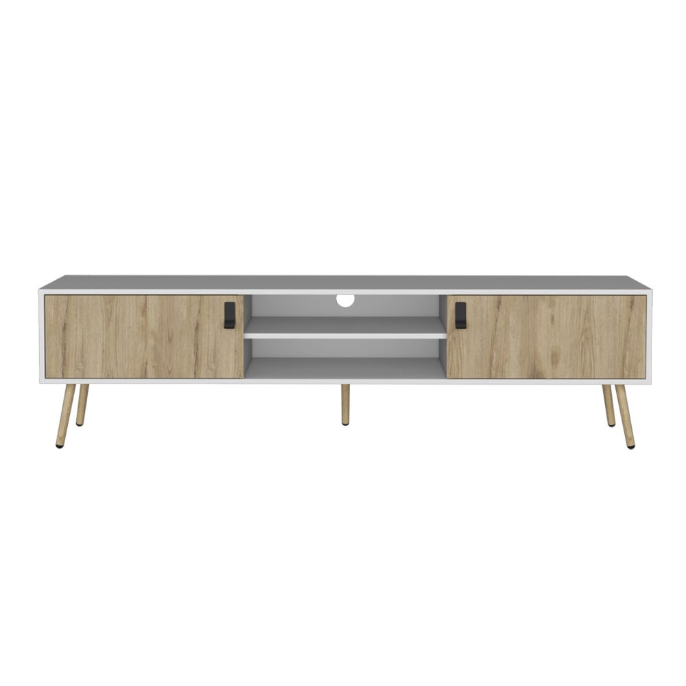 71" White And Beige Enclosed And Open Storage TV Stand on a white background