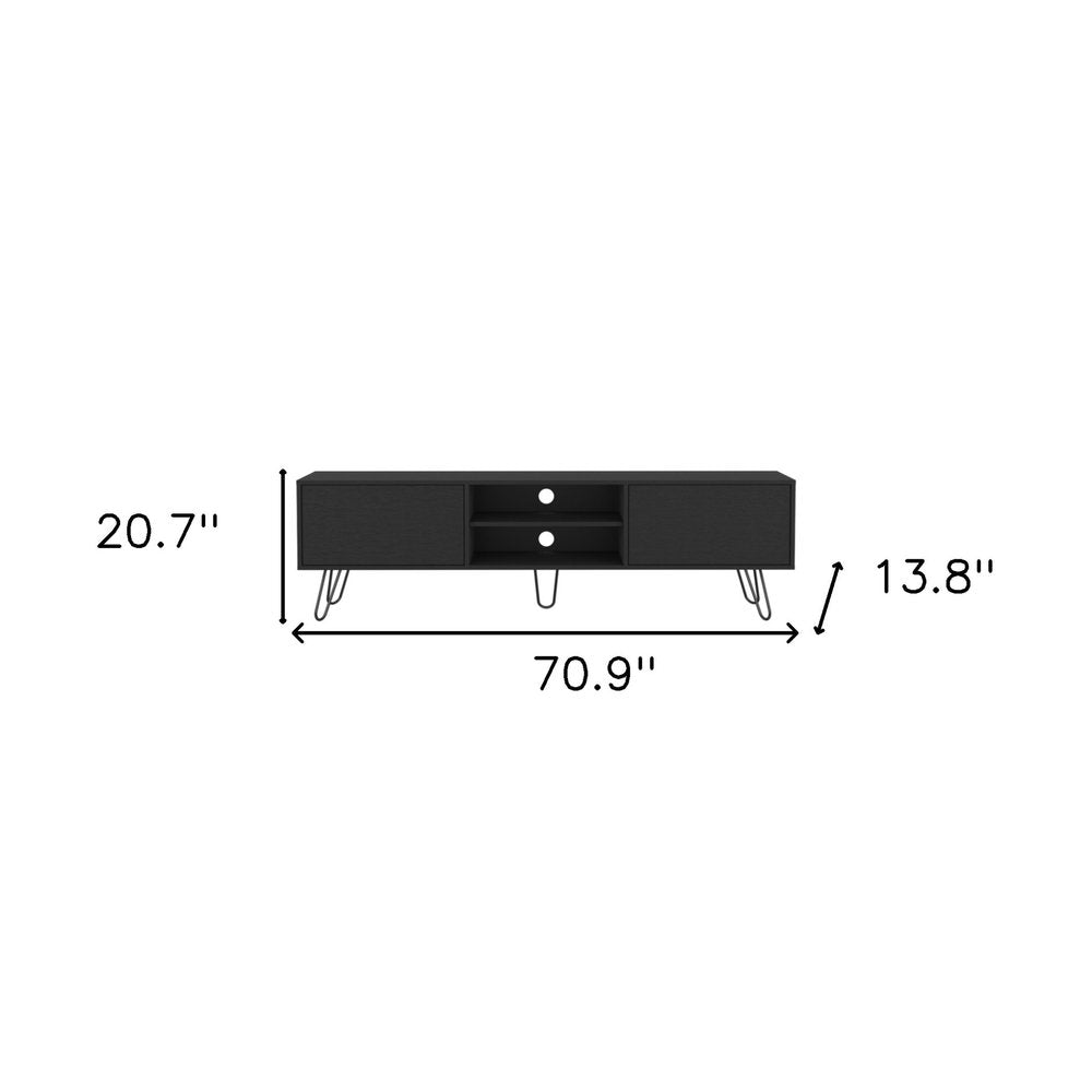 71" Black Wood Enclosed And Open Storage TV Stand on a white background