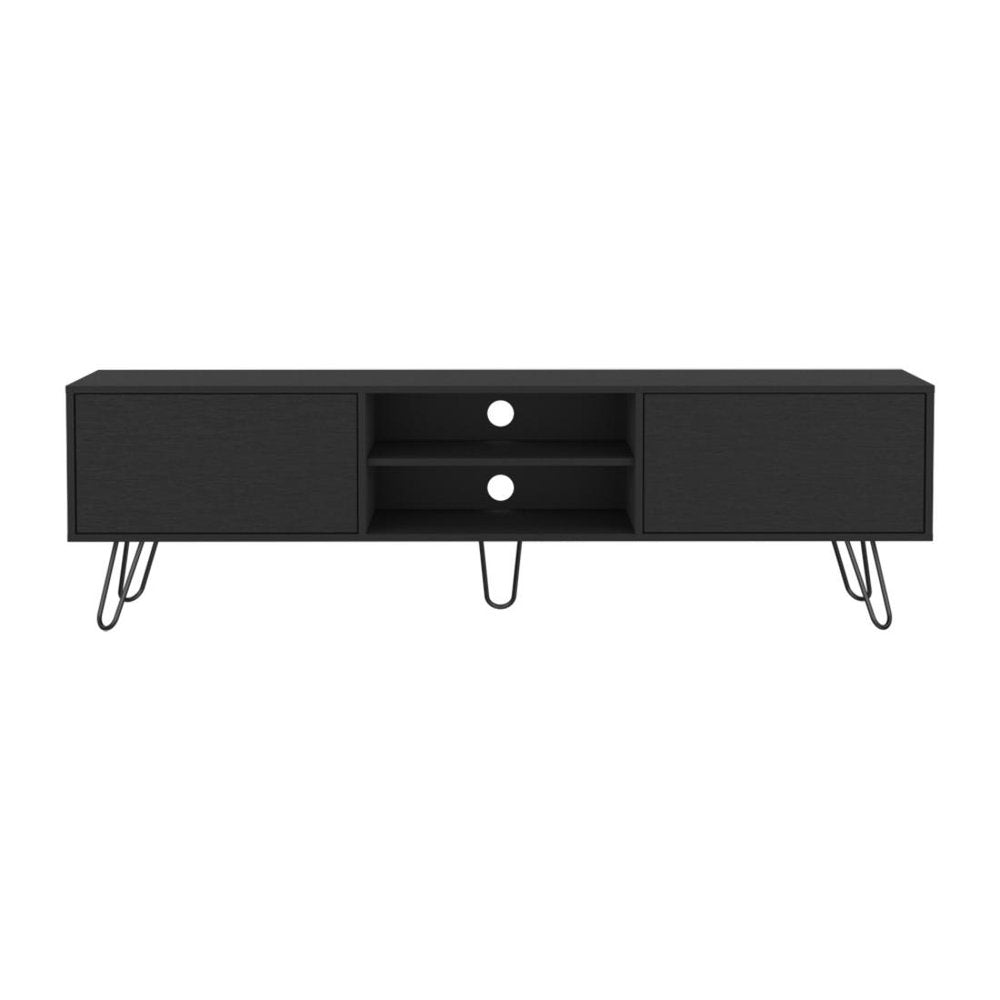 71" Black Wood Enclosed And Open Storage TV Stand on a white background