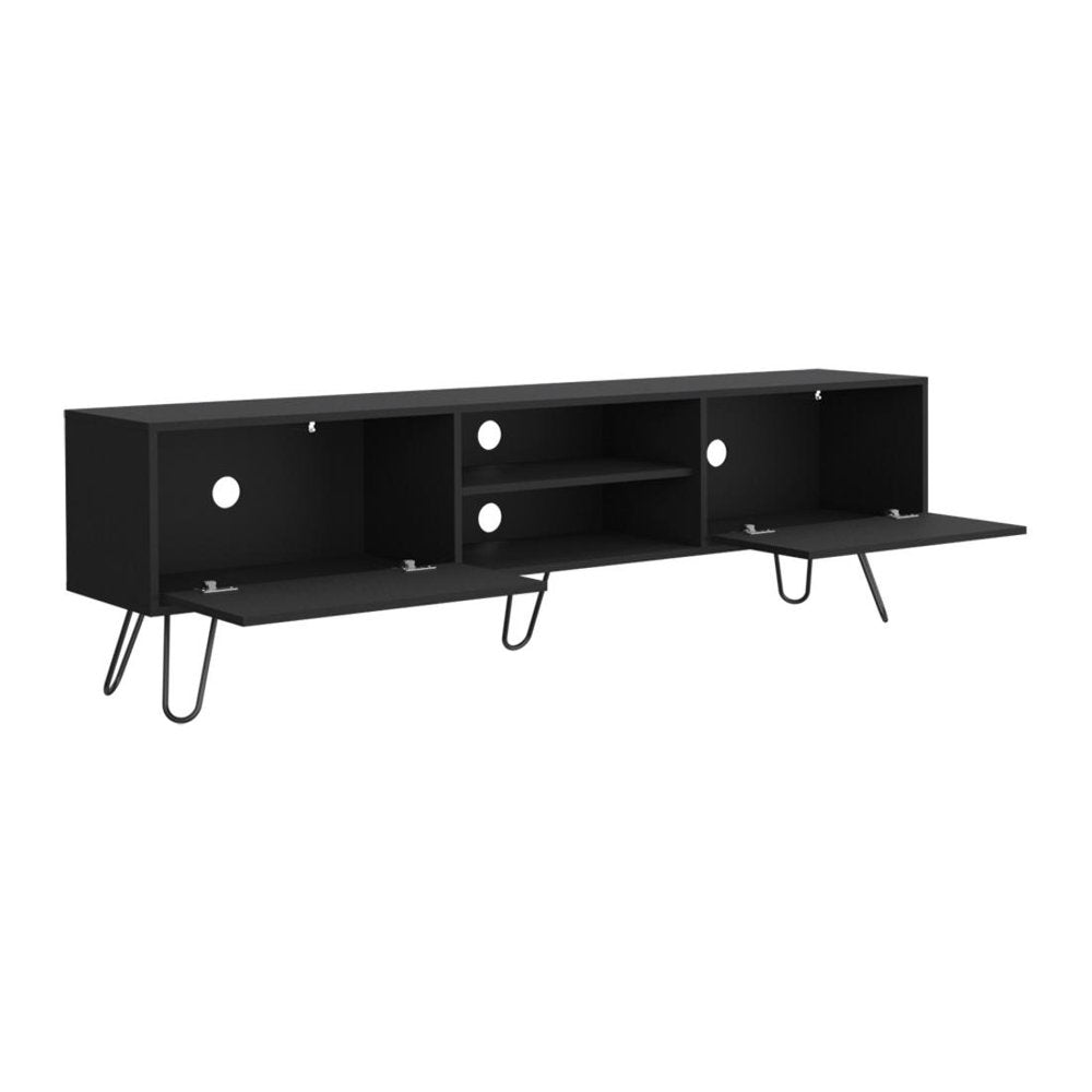 71" Black Wood Enclosed And Open Storage TV Stand on a white background